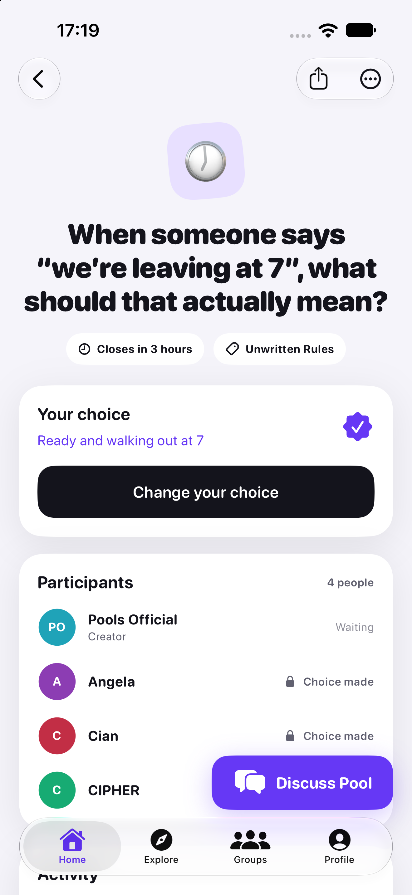 Pools question about leaving at seven, showing a choice and participants
